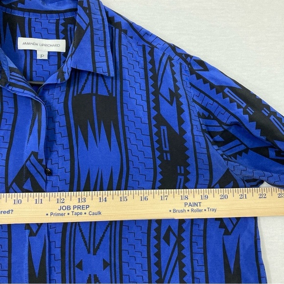Amanda Uprichard Blue Black Abstract Silk Relaxed Fit High Low Button Down XS - Picture 5 of 9